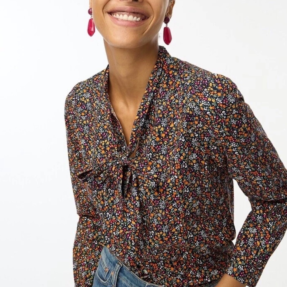 J. Crew Ditsy Floral Tie-Neck Long Sleeve Cotton Blouse